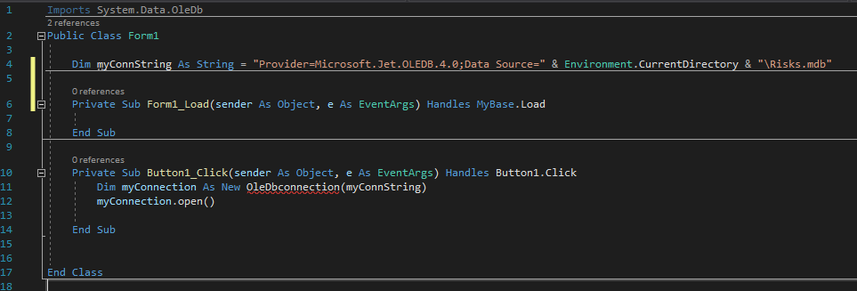 OleDBconnection is reporting an error that it is not defined. How do