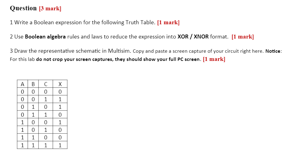  Question [3 mark] 1 Write a Boolean expression for the following