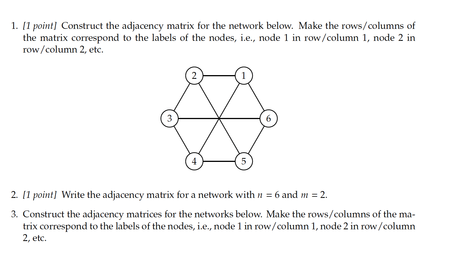  [1 point] Construct the adjacency matrix for the network below. Make