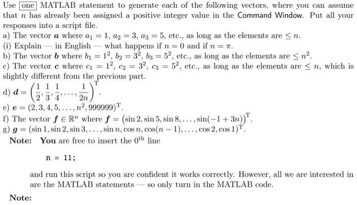 b c only d) d Use one MATLAB statement to generate each