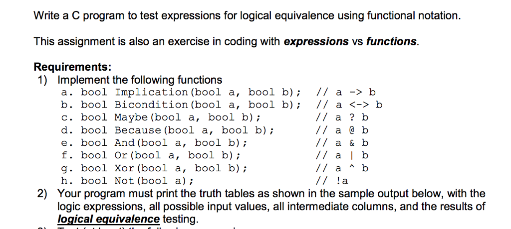 Write a C program to test expressions for logical equivalence using