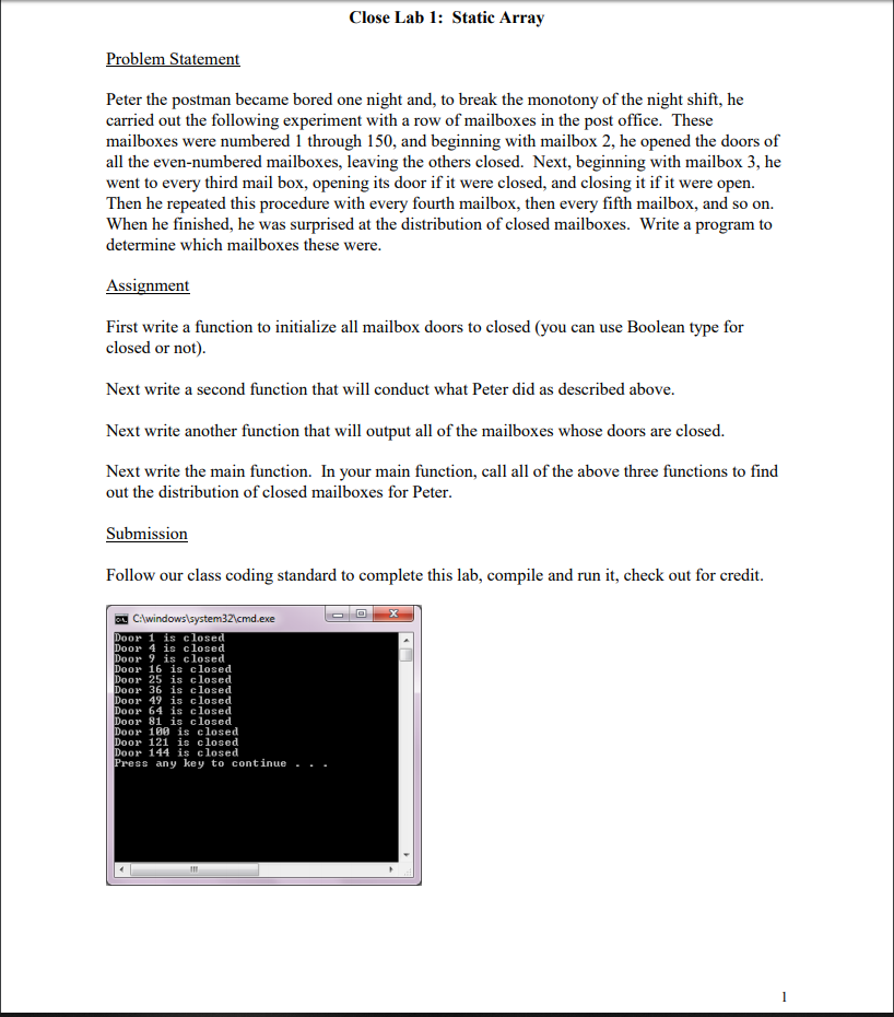 Close Lab 1: Static Array roblem Statement Peter the postman became