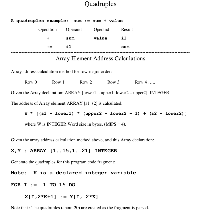 Generate the quadruples for this program code fragment. Quadruples A quadruples example: