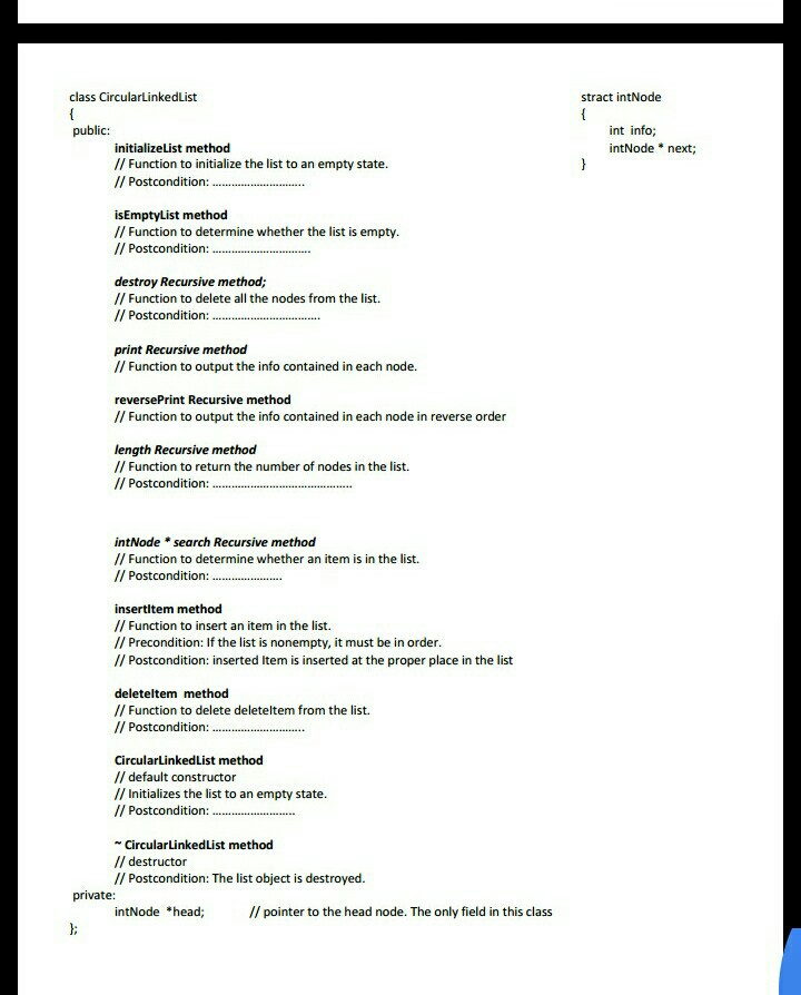 include the required methods for an ordered circular linked list as in