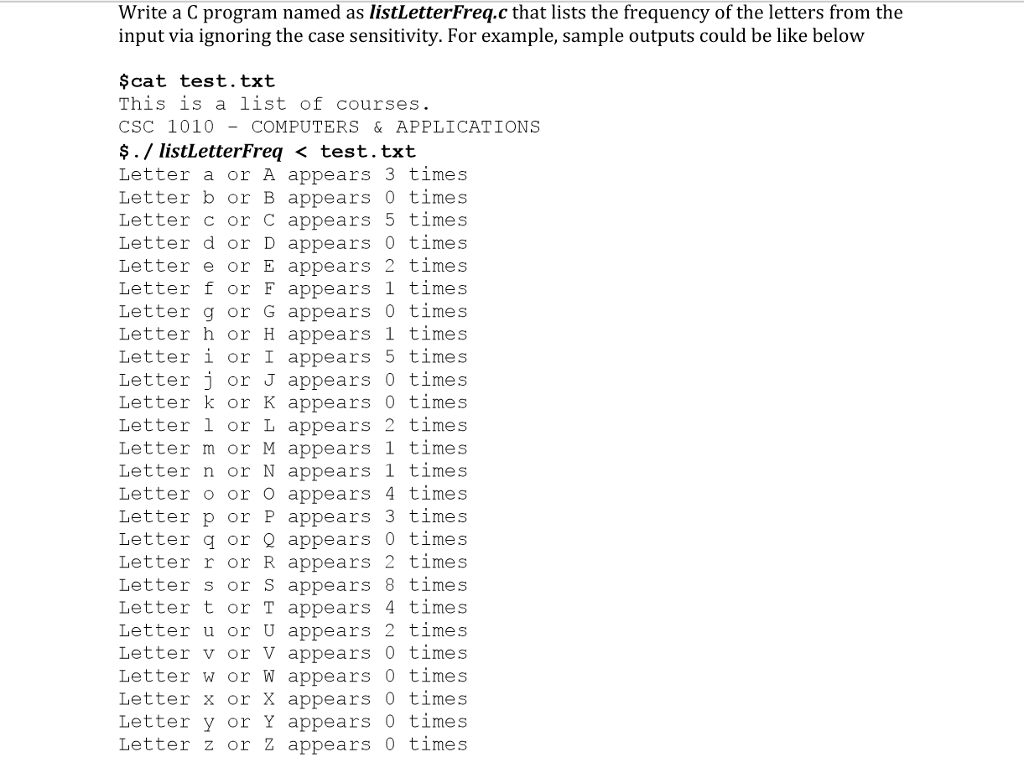 Write a C program named as listLetterFreq.c that lists the frequency