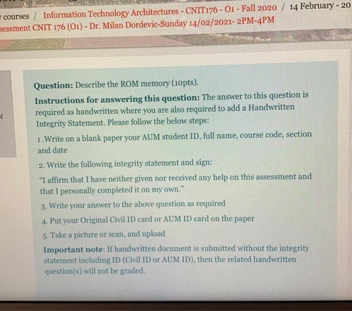  courses Information Technology Architectures - CNIT 176 - 01 - Fall