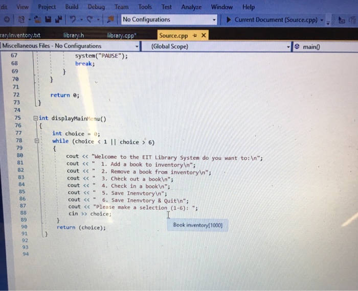 = "libraryInventory.txt"; if (!loadBooks(fileName, inventory, numBooks, currID)) { cout system("PAUSE"); } enum