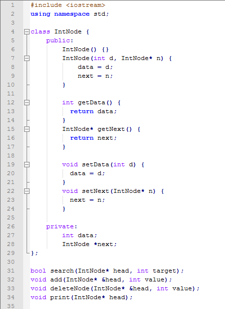 Implement a singly Linked List for Integers Implement functions for: ~Printing the