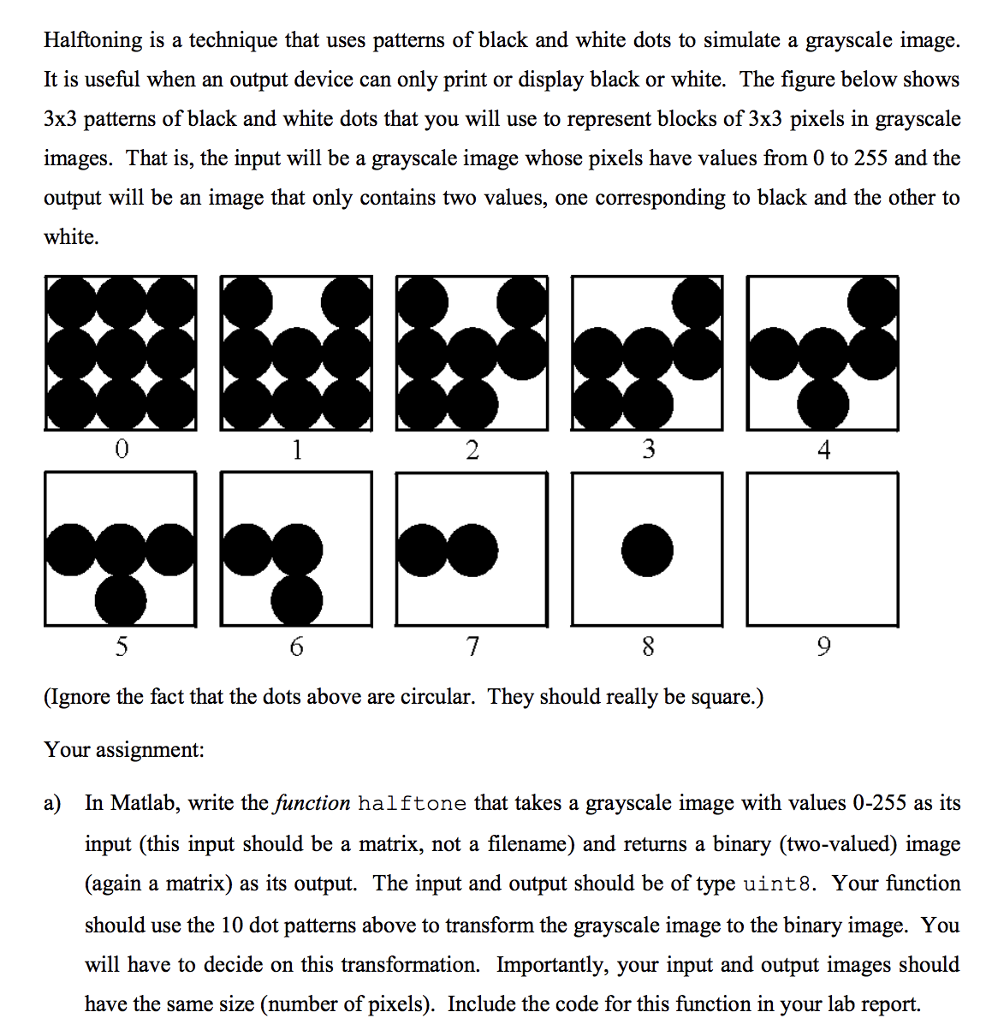 Image processing problem: Halftoning. Please explain the instruction clearly and show Matlab
