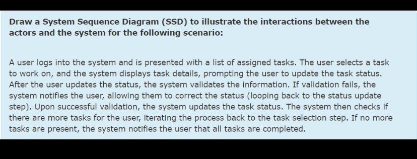  Draw a System Sequence Diagram (SSD) to illustrate the interactions between