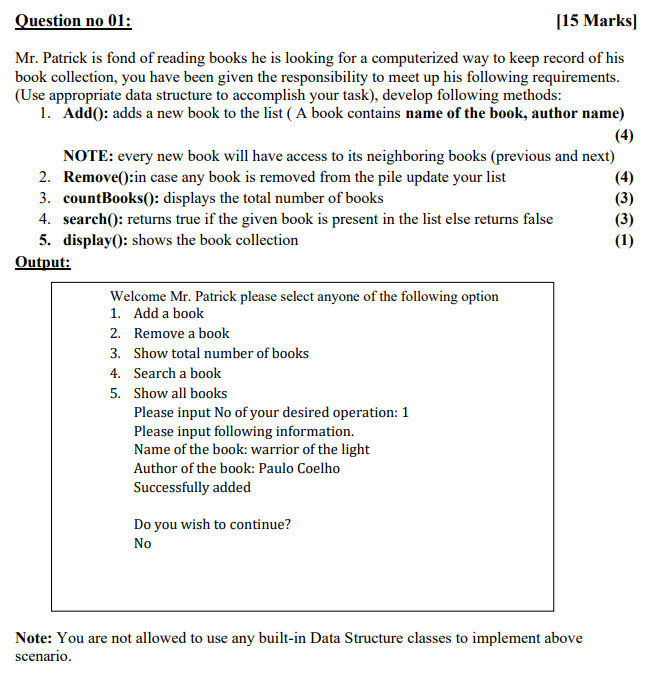 Subject: data structure and algorithm Question no 01: [15 Marks Mr. Patrick