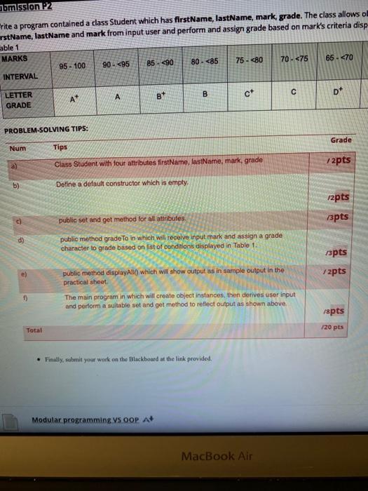  bmission P2 Frite a program contained a class Student which has
