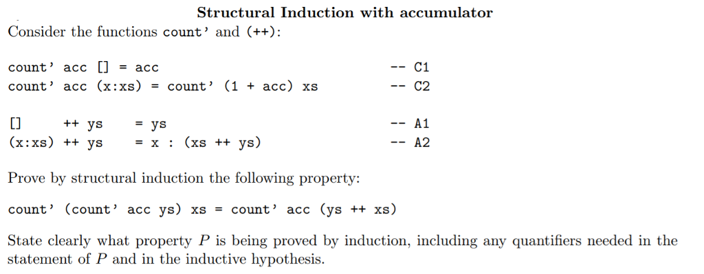 Structural Induction with accumulator Consider the functions count' and (++) count'
