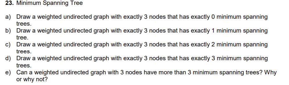  23. Minimum Spanning Tree a) Draw a weighted undirected graph with