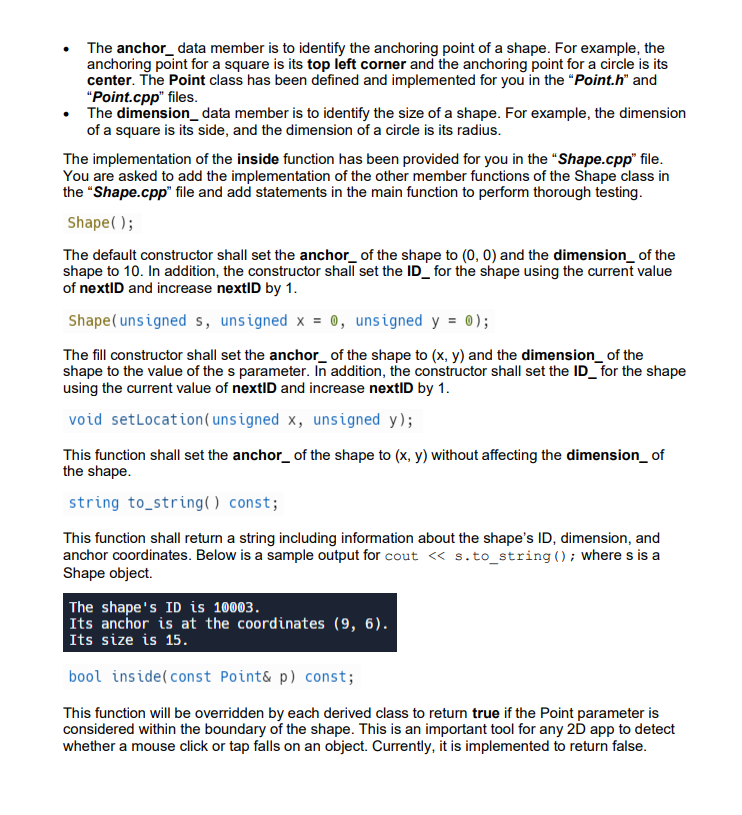 part: #include "Shape.h" #include "Point.h" #include "Square.h" #include #include using namespace std;