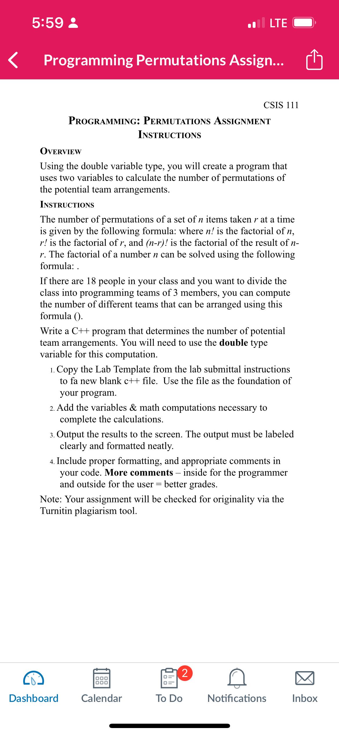  5:598 Programming Permutations Assign... CSIS 111 Programming: Permutations Assignment INSTRUCTIONS Overview