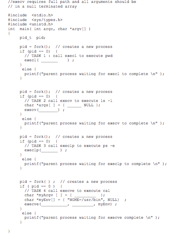 fill in the blanks C programming in Unix /execv requires full path