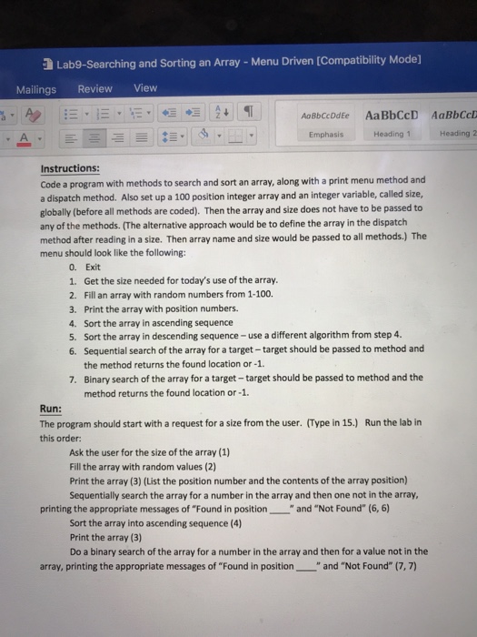  Lab9-Searching and Sorting an Array - Menu Driven [Compatibility Mode] Mailings