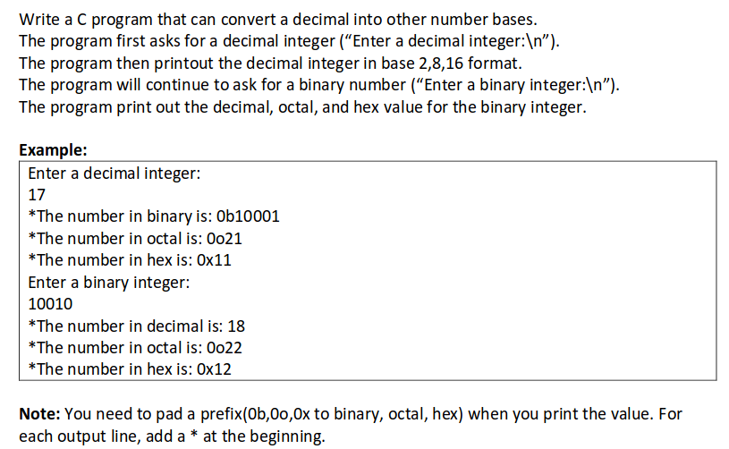 Write a C program that can convert a decimal into other