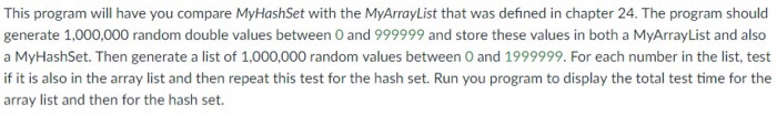  This program will have you compare MyHashSet with the MyArrayList that