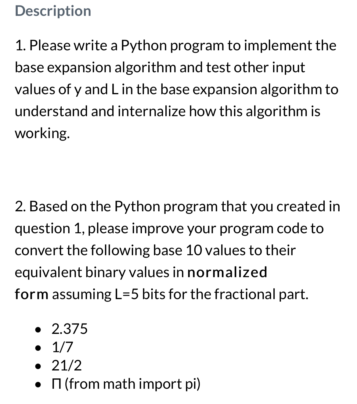  1.) Please write a Python program to implement the base expansion