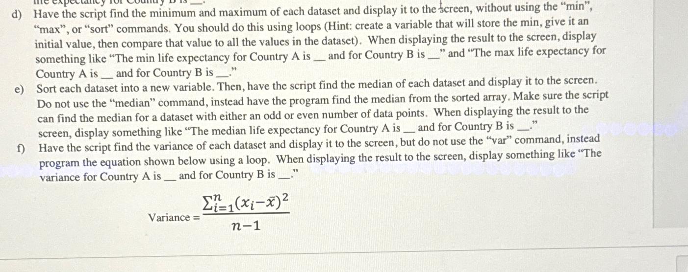  d) Have the script find the minimum and maximum of each