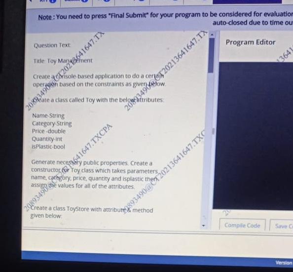  I need C# program for following Toy management Questionplease give proper