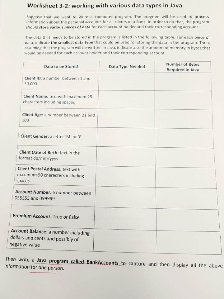  Worksheet 3-2: working with various data types in Java Suppose that