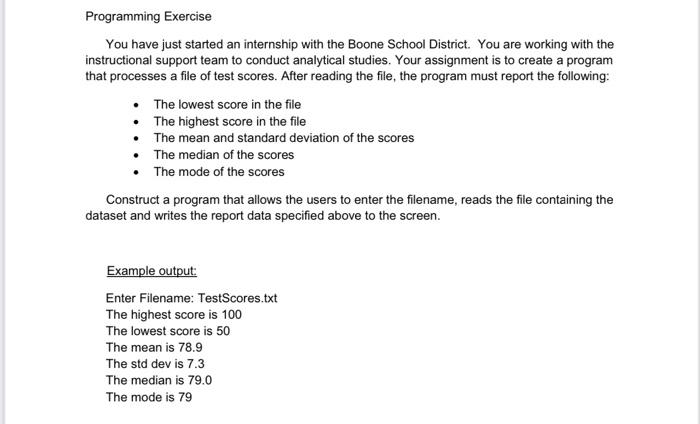  Programming Exercise You have just started an internship with the Boone