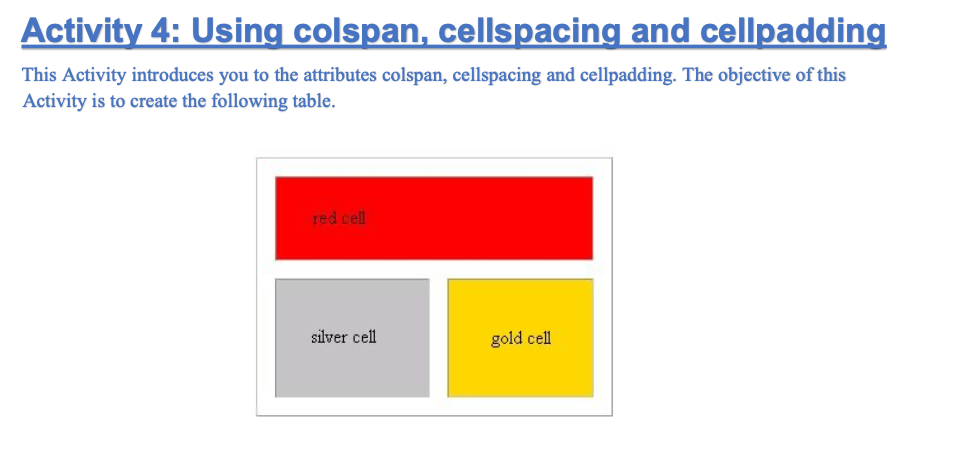 Activity 4: Using colspan, cellspacing and cellpadding This Activity introduces you