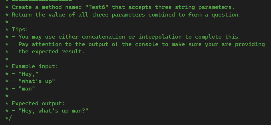  Create a method named "Test6" that accepts three string parameters. Return