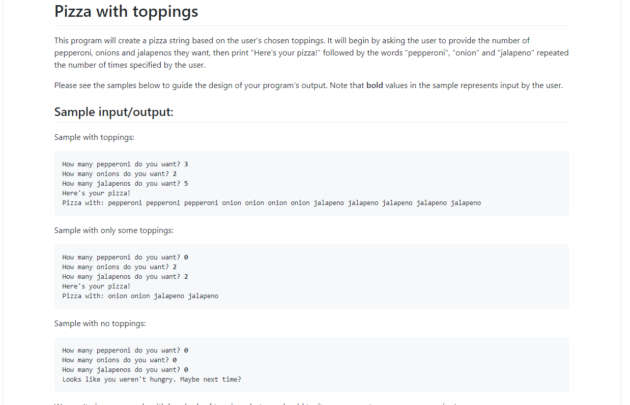  Pizza with toppings This program will create a pizza string based