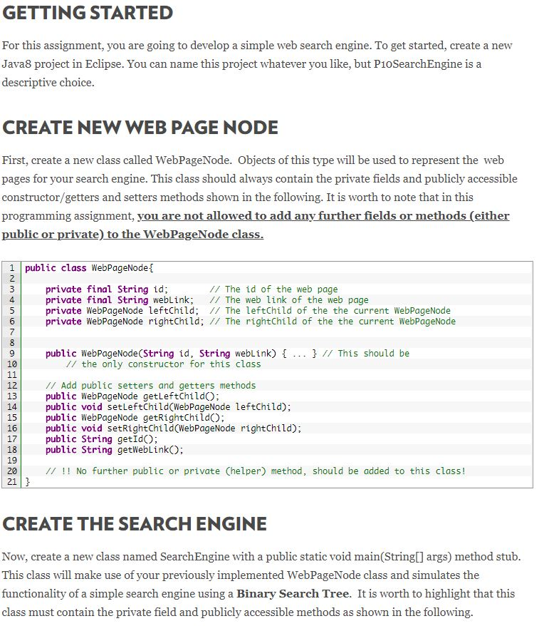 Implementing a search engine through the use of a Binary Search Tree