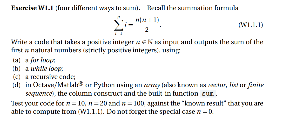  Using MatLab and with explanation if possible please: Exercise W1.1 (four