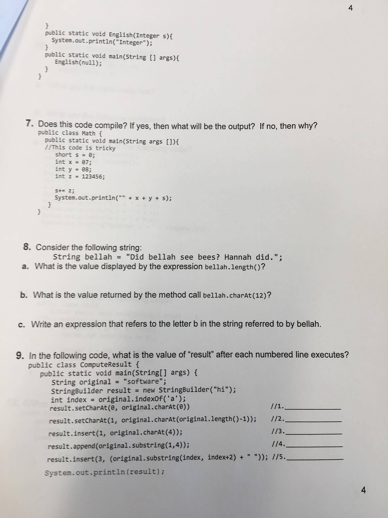 (140 points, 10 each) Consider the code below, which is missing some