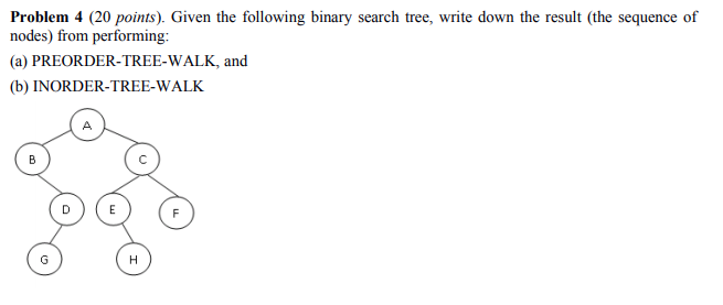  Problem 4 (20 points). Given the following binary search tree, write