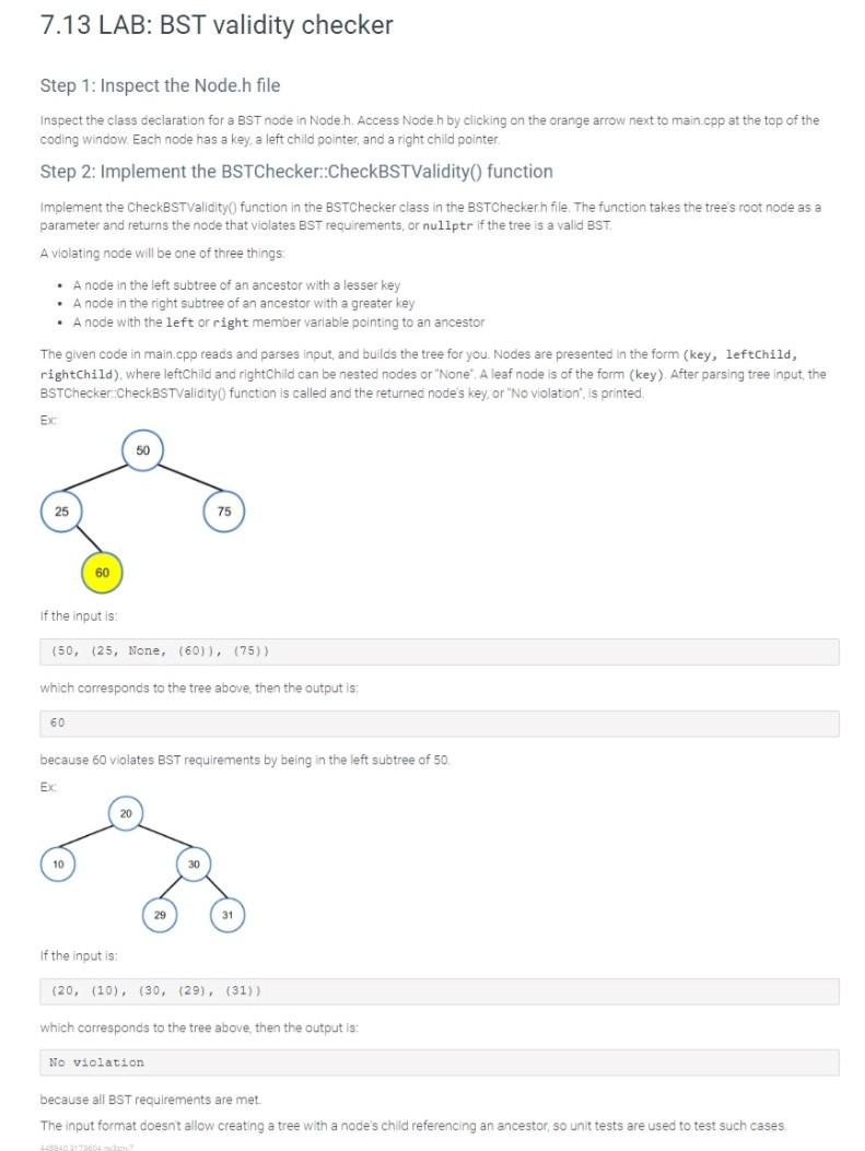 Need help on coding 7.13 LAB: BST validity checker in C++!!! I
