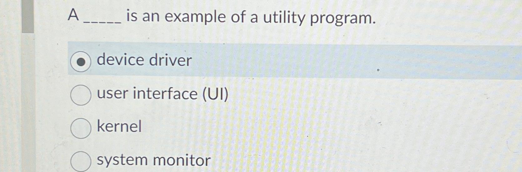  A is an example of a utility program. device driver user