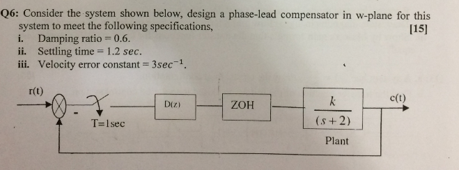 Consider the system shown below.design a phase-lead compensator in w-plane for