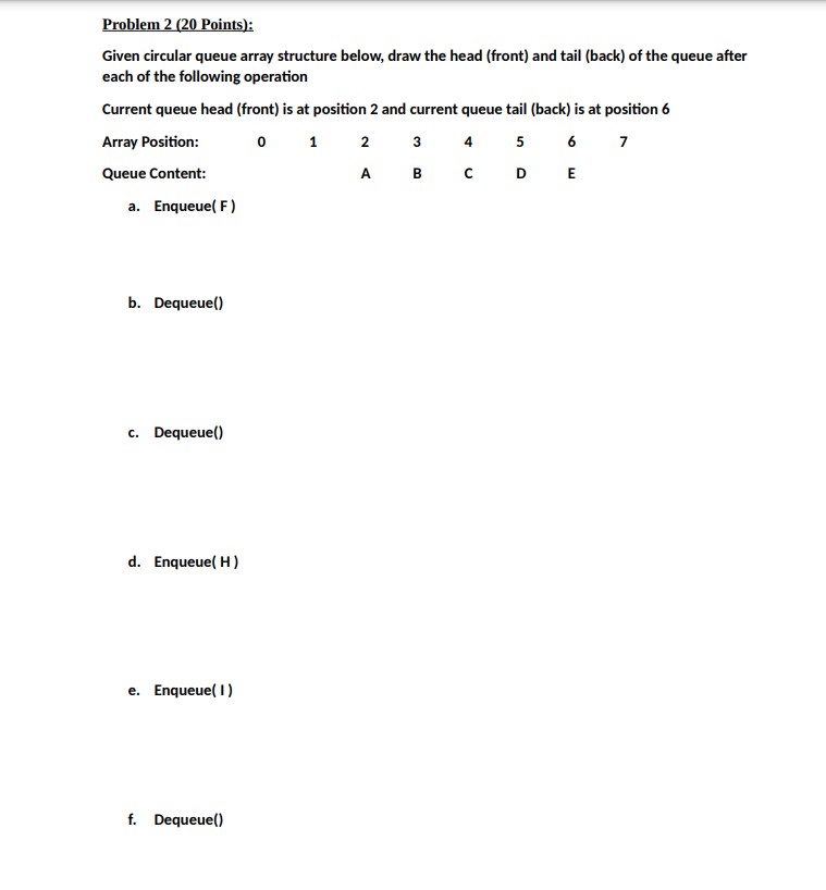  Problem 2(20 Points): Given circular queue array structure below, draw the