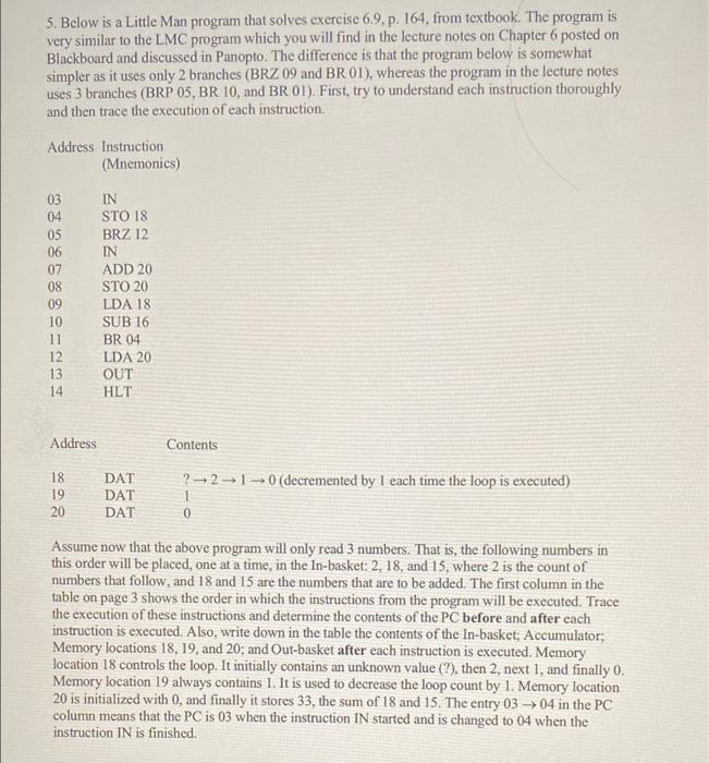  5. Below is a Little Man program that solves exercise 69,