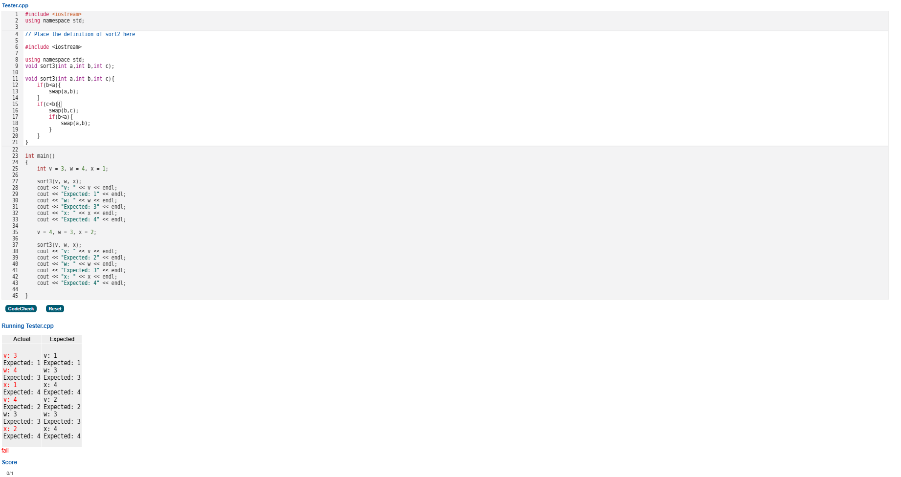 Write a procedure sort3(a, b, c) which swaps its three inputs to