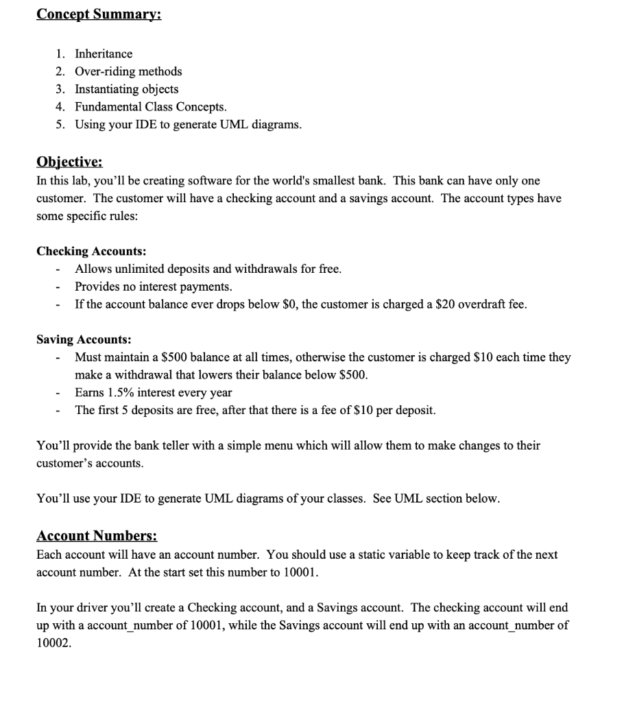 ***JAVA PLEASE*** Concept Summary: 1. Inheritance 2. Over-riding methods 3. Instantiating objects