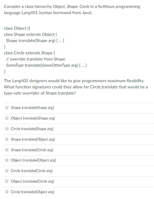 Consider a class hierarchy Object, Shape, Circle in a fictitious programming