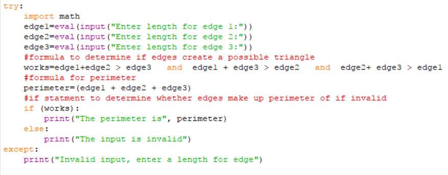 Python 3.2: Create a program that calculates the perimeter of a triangle,