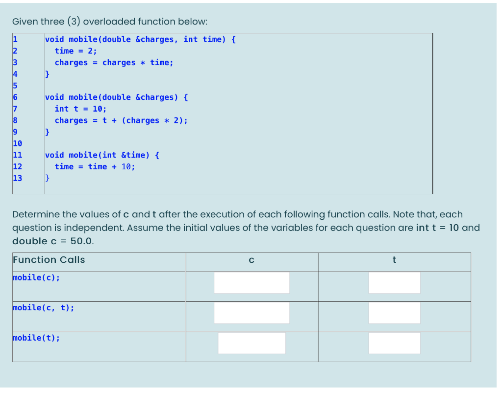  Given three (3) overloaded function below: 1 2 3 void mobile
