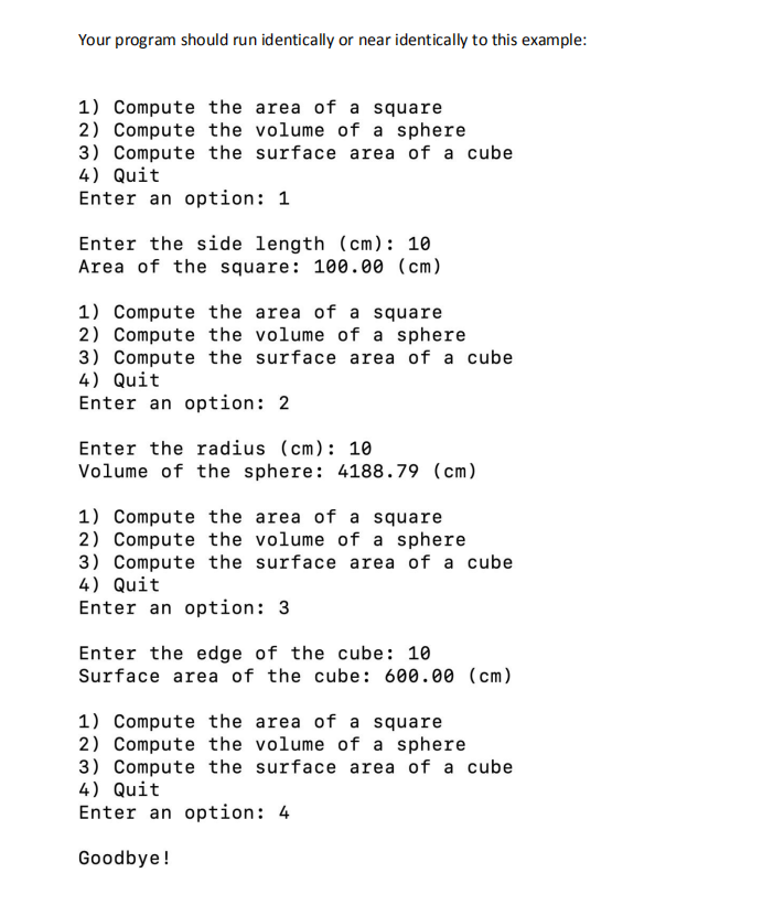 with a menu that has options to: 1. Compute the area of