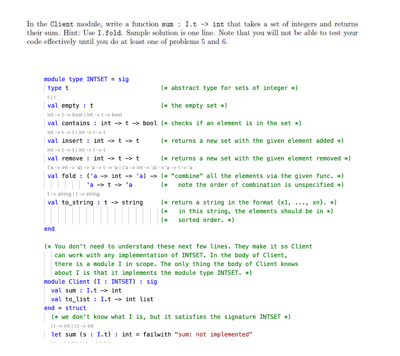  In the Client module, write a function sum : I.t ->