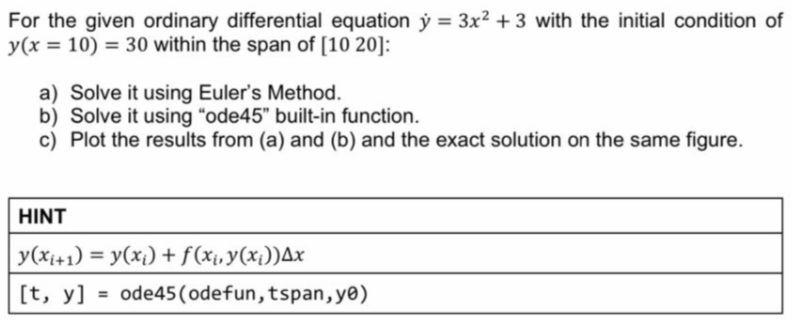 perform using MATLAB For the given ordinary differential equation = 3x2 +