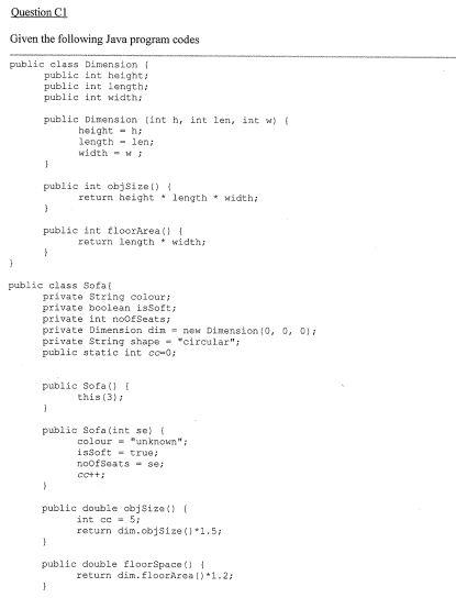 C1 Given the following Java program codes Question CI (contimued) Question Cl